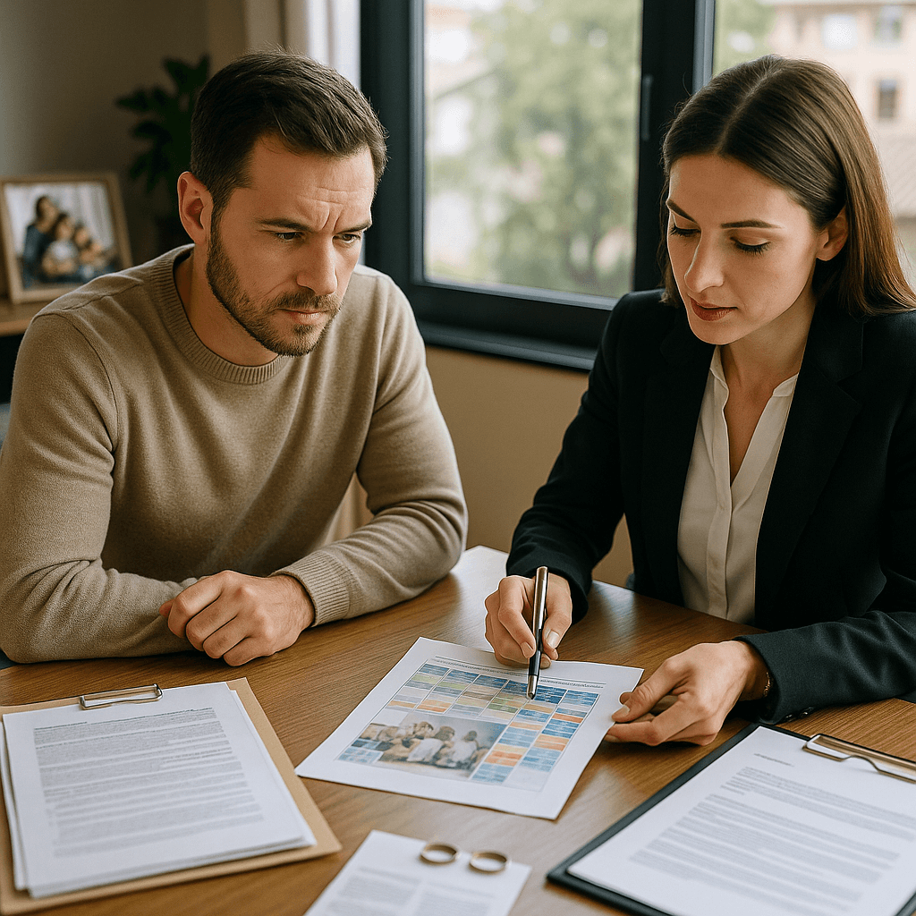 Abogado y su cliente mirando papeles del caso
